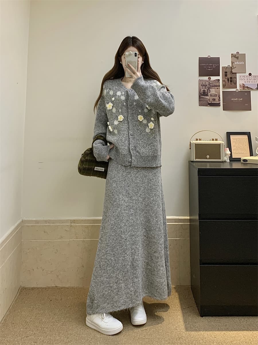 실사 빅 사이즈 3 차원 꽃 따뜻한 부드럽다 찹쌀 니트 오픈 가디건 니트 반신 스커트 새로운 레트로 스웨터 세트 상세 이미지 21