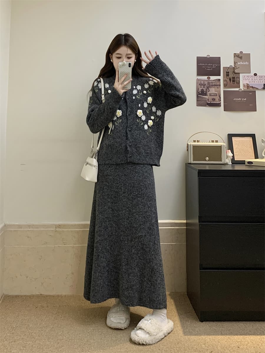 실사 빅 사이즈 3 차원 꽃 따뜻한 부드럽다 찹쌀 니트 오픈 가디건 니트 반신 스커트 새로운 레트로 스웨터 세트 이미지 3