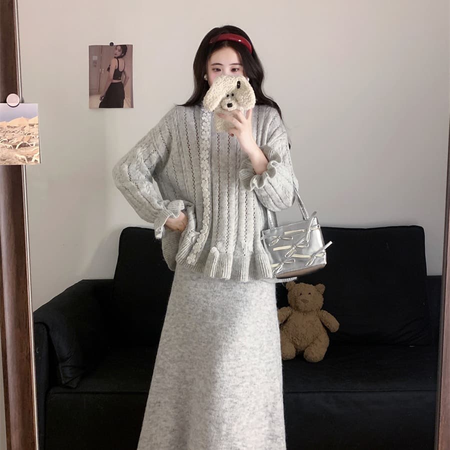 실사 빅 사이즈 한 부서 수공 못 꽃 리본 스웨터 여자 풀오버 루즈핏 느긋한 바람 니트 스웨터 작은 대중 세트 이미지 6