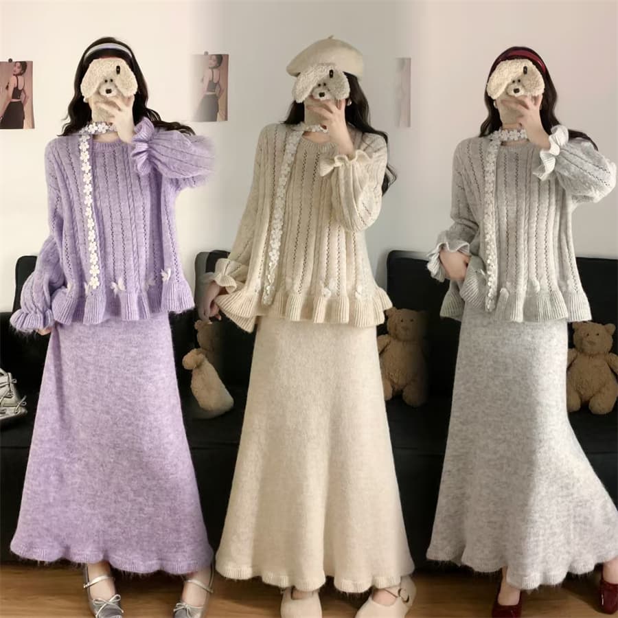 실사 빅 사이즈 한 부서 수공 못 꽃 리본 스웨터 여자 풀오버 루즈핏 느긋한 바람 니트 스웨터 작은 대중 세트 상세 이미지 1