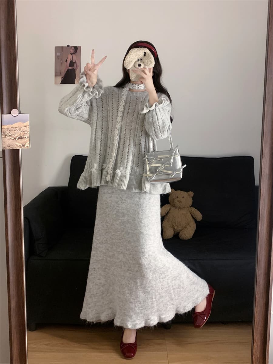 실사 빅 사이즈 한 부서 수공 못 꽃 리본 스웨터 여자 풀오버 루즈핏 느긋한 바람 니트 스웨터 작은 대중 세트 상세 이미지 10