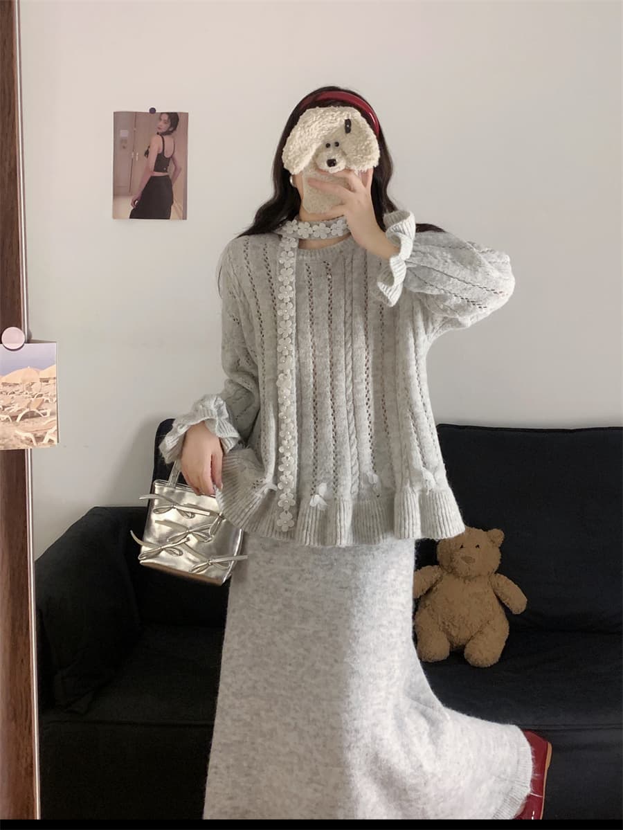 실사 빅 사이즈 한 부서 수공 못 꽃 리본 스웨터 여자 풀오버 루즈핏 느긋한 바람 니트 스웨터 작은 대중 세트 상세 이미지 11