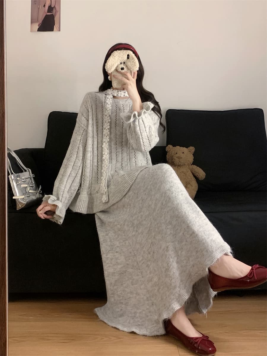 실사 빅 사이즈 한 부서 수공 못 꽃 리본 스웨터 여자 풀오버 루즈핏 느긋한 바람 니트 스웨터 작은 대중 세트 상세 이미지 14