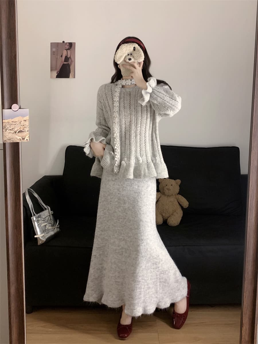 실사 빅 사이즈 한 부서 수공 못 꽃 리본 스웨터 여자 풀오버 루즈핏 느긋한 바람 니트 스웨터 작은 대중 세트 상세 이미지 15