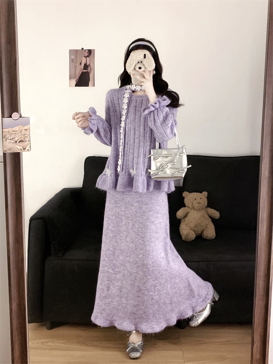 실사 빅 사이즈 한 부서 수공 못 꽃 리본 스웨터 여자 풀오버 루즈핏 느긋한 바람 니트 스웨터 작은 대중 세트 상세 이미지 16