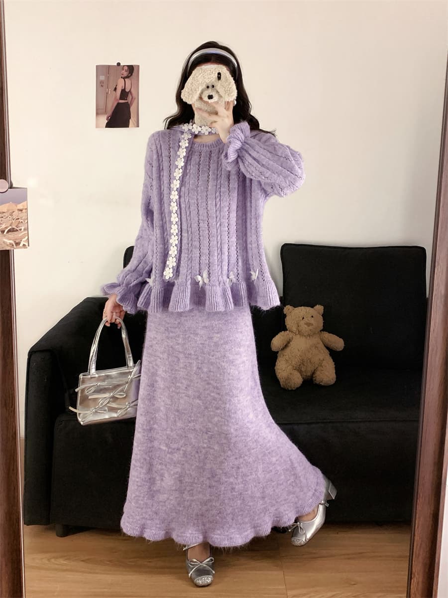 실사 빅 사이즈 한 부서 수공 못 꽃 리본 스웨터 여자 풀오버 루즈핏 느긋한 바람 니트 스웨터 작은 대중 세트 상세 이미지 20