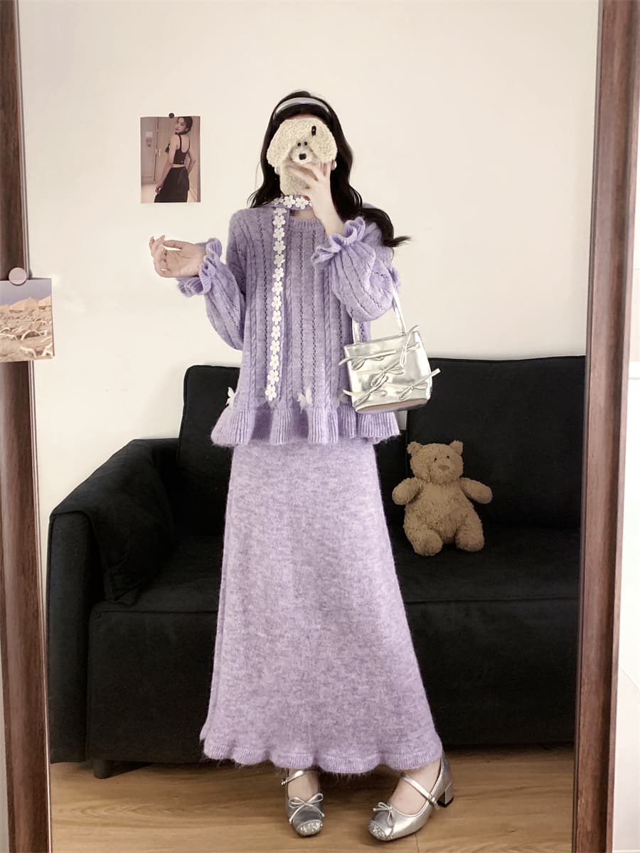 실사 빅 사이즈 한 부서 수공 못 꽃 리본 스웨터 여자 풀오버 루즈핏 느긋한 바람 니트 스웨터 작은 대중 세트 상세 이미지 23