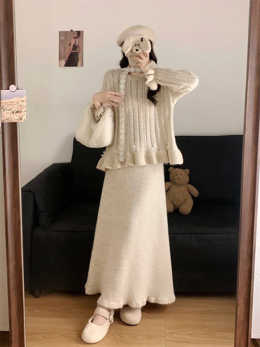 실사 빅 사이즈 한 부서 수공 못 꽃 리본 스웨터 여자 풀오버 루즈핏 느긋한 바람 니트 스웨터 작은 대중 세트 상세 이미지 28