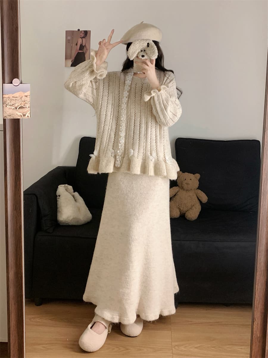 실사 빅 사이즈 한 부서 수공 못 꽃 리본 스웨터 여자 풀오버 루즈핏 느긋한 바람 니트 스웨터 작은 대중 세트 상세 이미지 34
