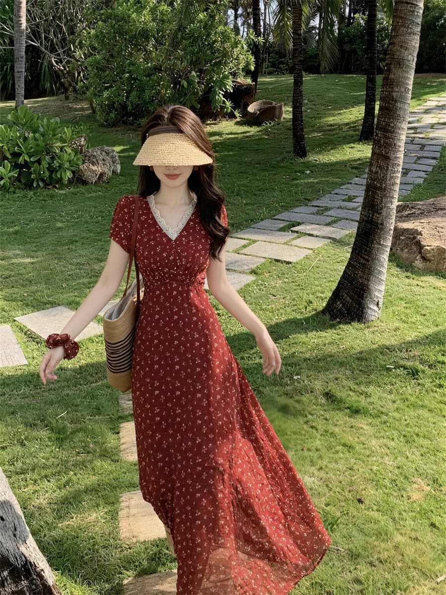 2026 빅 사이즈 한국 스타일 석류 치마 봄 여름 프랑스식 레트로 디자인 센스 V넥 반팔 꽃무늬 품격 드레스 상세 이미지 1