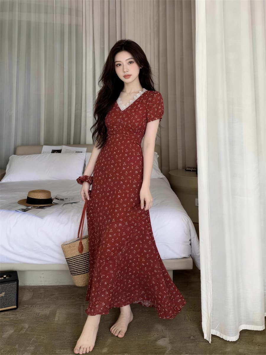 2026 빅 사이즈 한국 스타일 석류 치마 봄 여름 프랑스식 레트로 디자인 센스 V넥 반팔 꽃무늬 품격 드레스 상세 이미지 6