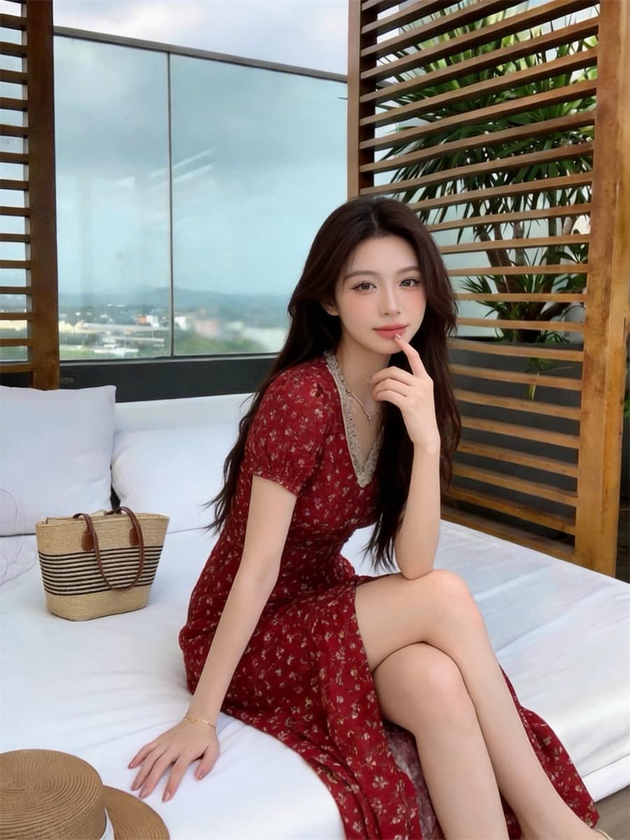 2026 빅 사이즈 한국 스타일 석류 치마 봄 여름 프랑스식 레트로 디자인 센스 V넥 반팔 꽃무늬 품격 드레스 상세 이미지 7
