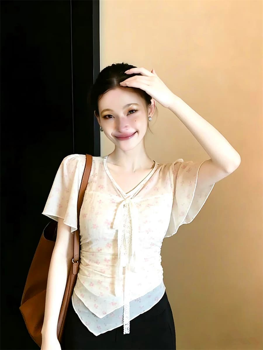 정가 빅 사이즈 달콤한 매운맛 바람 꽃무늬 레이스 레이스업 반팔 티셔츠 디자인 센스 불규칙 밑단 슬림해 보이는 상세 이미지 6