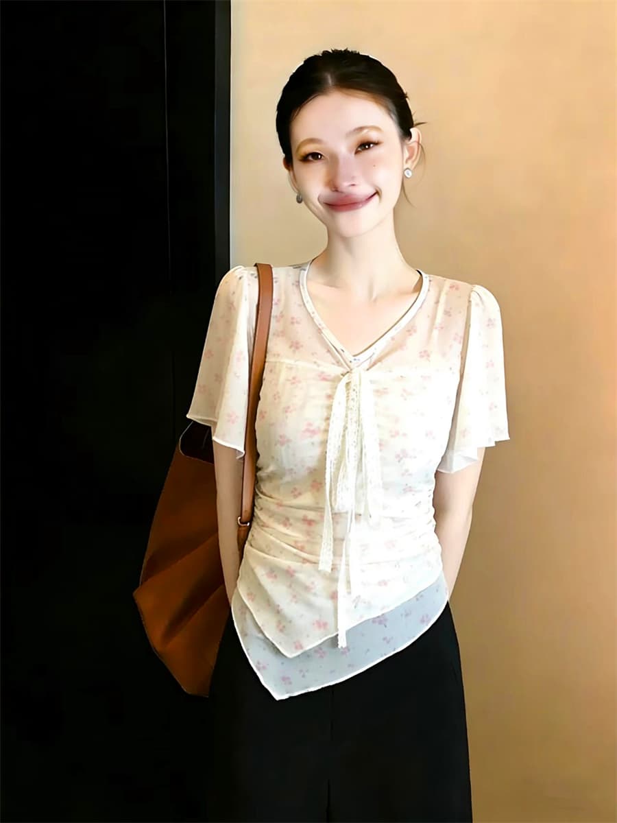 정가 빅 사이즈 달콤한 매운맛 바람 꽃무늬 레이스 레이스업 반팔 티셔츠 디자인 센스 불규칙 밑단 슬림해 보이는 상세 이미지 7
