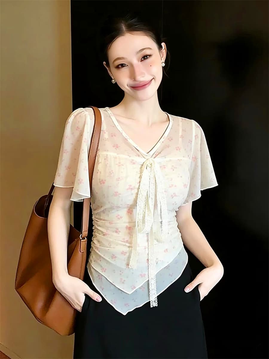 정가 빅 사이즈 달콤한 매운맛 바람 꽃무늬 레이스 레이스업 반팔 티셔츠 디자인 센스 불규칙 밑단 슬림해 보이는 상세 이미지 9