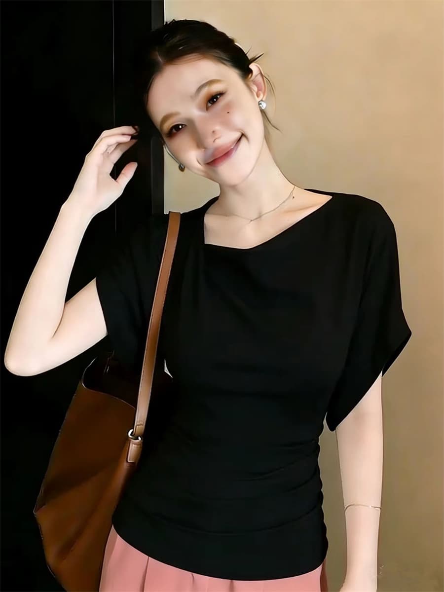 빅 사이즈 지방 mm 디자인 센스 스태킹 박쥐 반팔 티셔츠 여성 여름 순수한 욕망 흔들다 칼라 허리 수축 슬림해 보이는 맨위 이미지 4