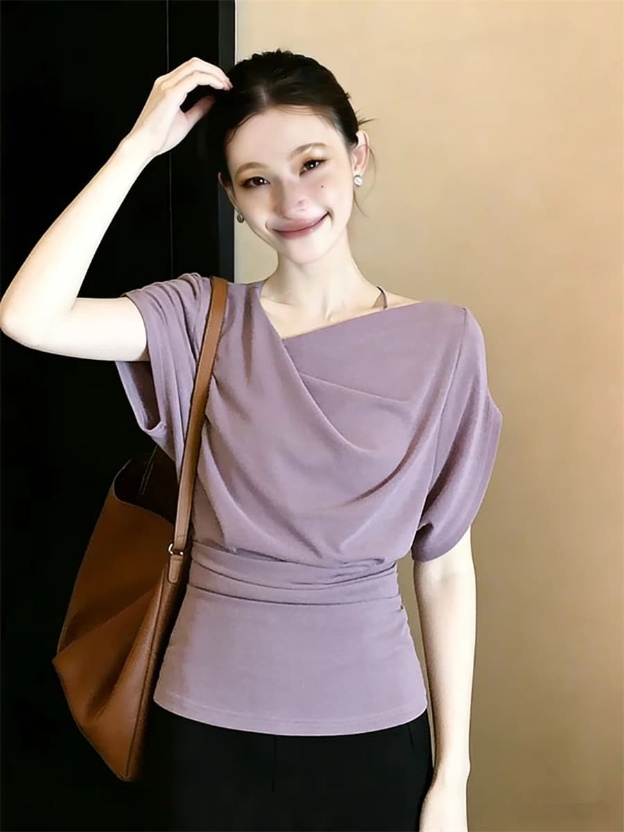 빅 사이즈 지방 mm 디자인 센스 스태킹 박쥐 반팔 티셔츠 여성 여름 순수한 욕망 흔들다 칼라 허리 수축 슬림해 보이는 맨위 이미지 3