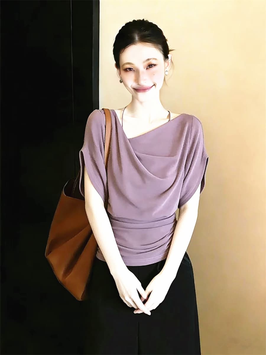 빅 사이즈 지방 mm 디자인 센스 스태킹 박쥐 반팔 티셔츠 여성 여름 순수한 욕망 흔들다 칼라 허리 수축 슬림해 보이는 맨위 상세 이미지 5