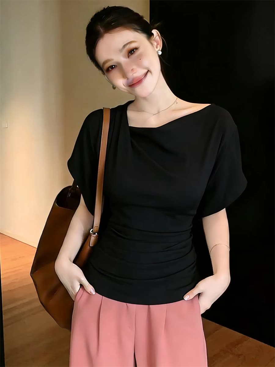 빅 사이즈 지방 mm 디자인 센스 스태킹 박쥐 반팔 티셔츠 여성 여름 순수한 욕망 흔들다 칼라 허리 수축 슬림해 보이는 맨위 상세 이미지 6