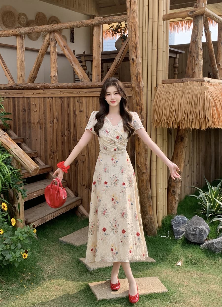 빅 사이즈 여성 의류 꽃무늬 밝은 관대 한 부드러운 프랑스식 슬림해 보이는 품격 중간 길이 드레스 디자인 센스 길다 치마 상세 이미지 1
