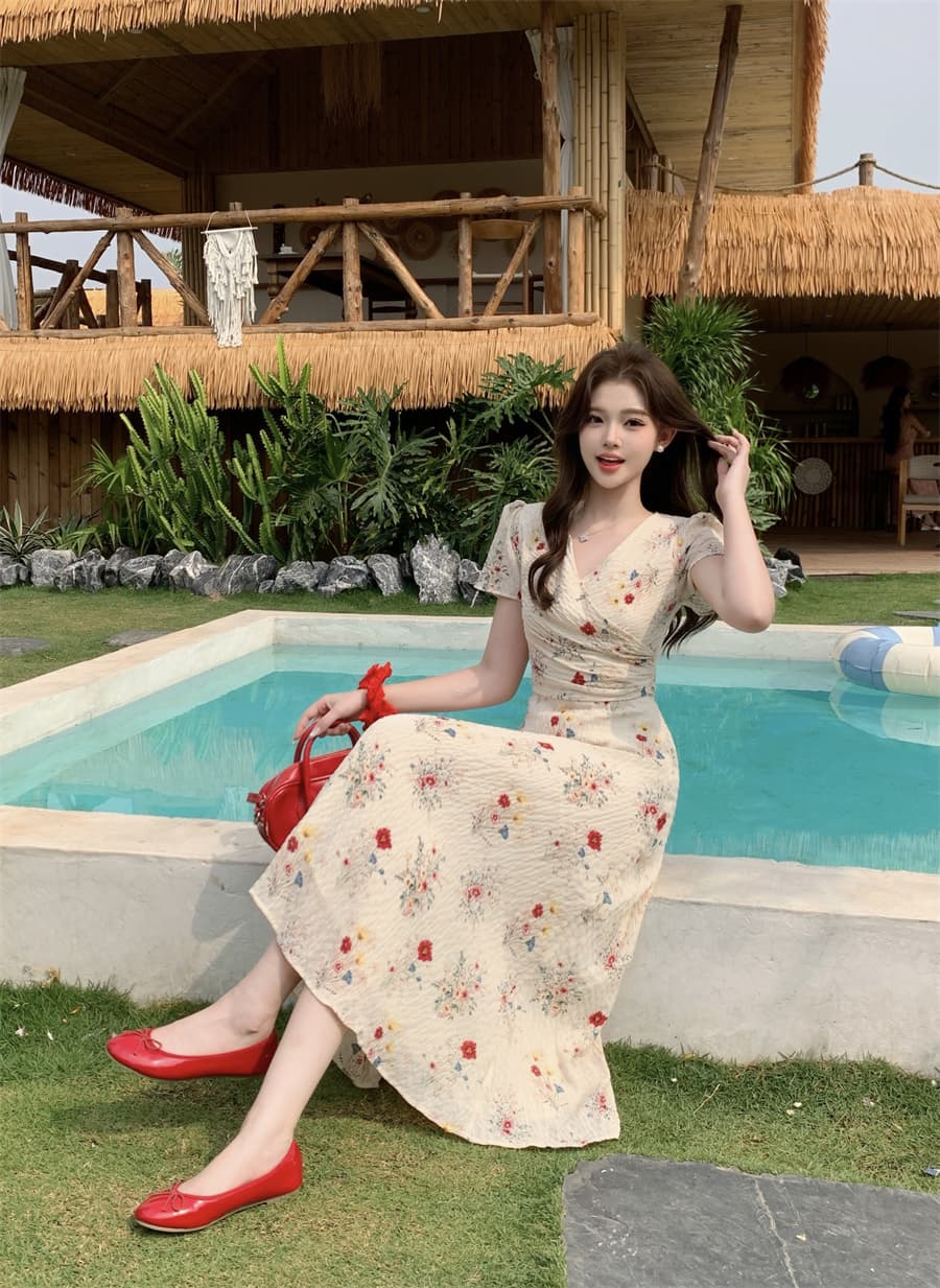 빅 사이즈 여성 의류 꽃무늬 밝은 관대 한 부드러운 프랑스식 슬림해 보이는 품격 중간 길이 드레스 디자인 센스 길다 치마 상세 이미지 6
