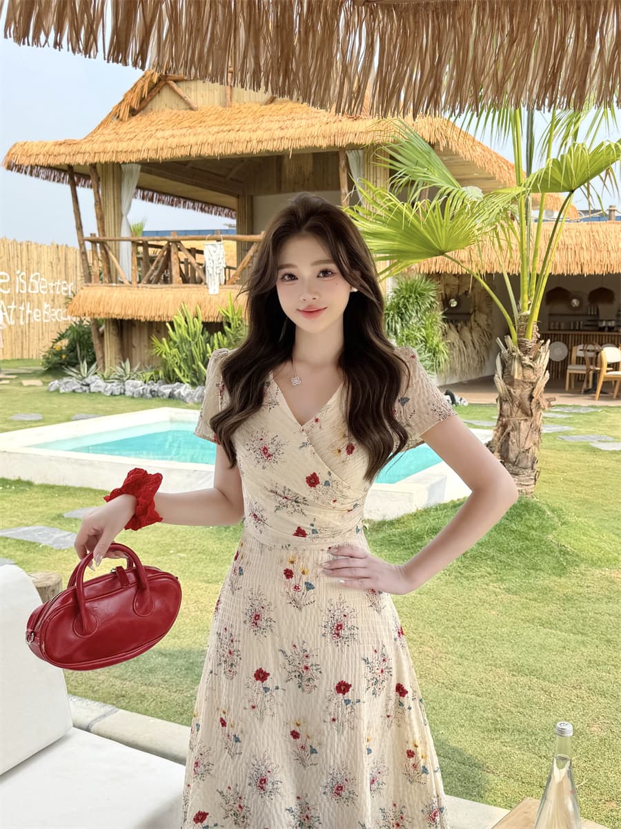 빅 사이즈 여성 의류 꽃무늬 밝은 관대 한 부드러운 프랑스식 슬림해 보이는 품격 중간 길이 드레스 디자인 센스 길다 치마 상세 이미지 5