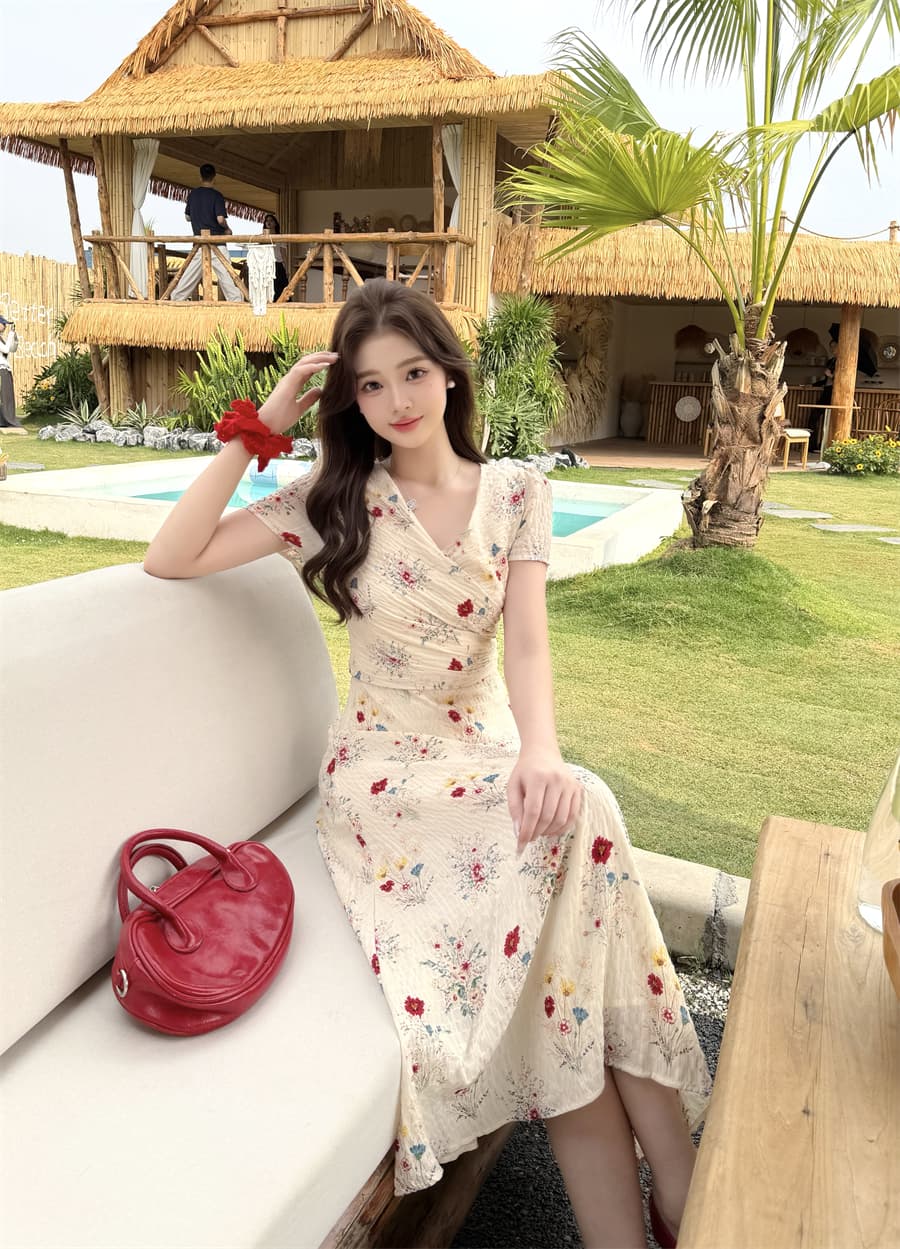 빅 사이즈 여성 의류 꽃무늬 밝은 관대 한 부드러운 프랑스식 슬림해 보이는 품격 중간 길이 드레스 디자인 센스 길다 치마 상세 이미지 8