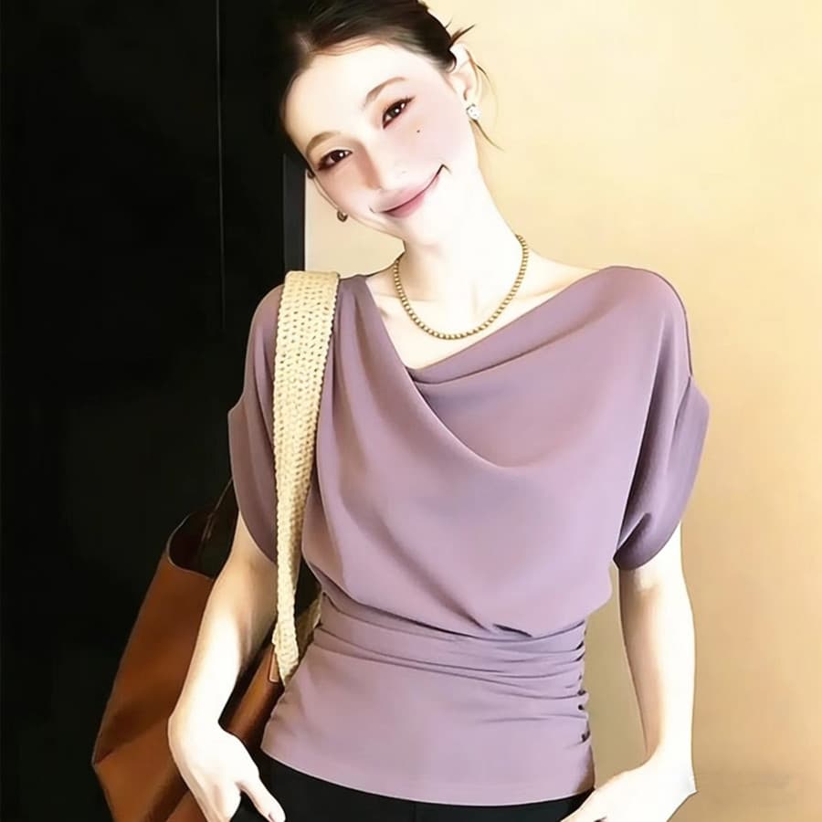 빅 사이즈 지방 mm 디자인 센스 스태킹 박쥐 반팔 티셔츠 여성 여름 순수한 욕망 흔들다 칼라 허리 수축 슬림해 보이는 맨위 상세 이미지 1