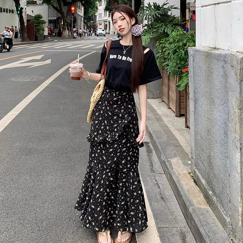 2026 빅 사이즈 지방 mm 여름 밤 꽃말 드레스 페이크 레이어드 트임 슬림해 보이는 허리 수축 긍정적 인 어깨 드레스 이미지 2