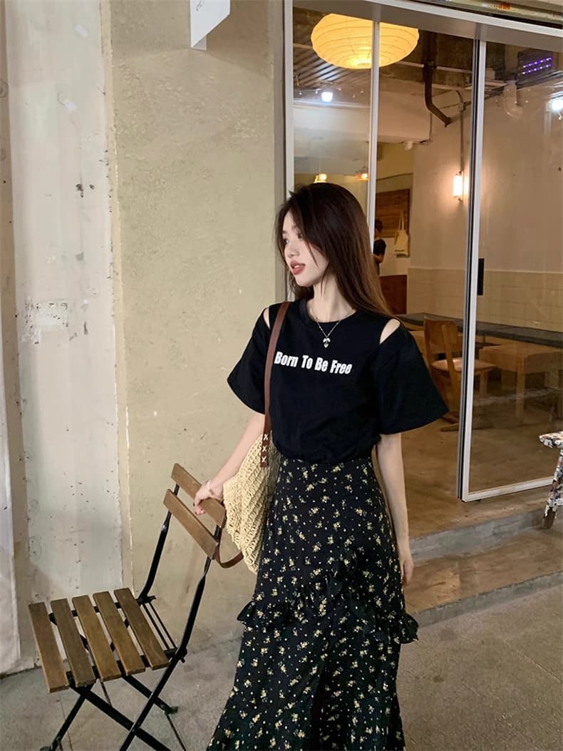 2026 빅 사이즈 지방 mm 여름 밤 꽃말 드레스 페이크 레이어드 트임 슬림해 보이는 허리 수축 긍정적 인 어깨 드레스 상세 이미지 7
