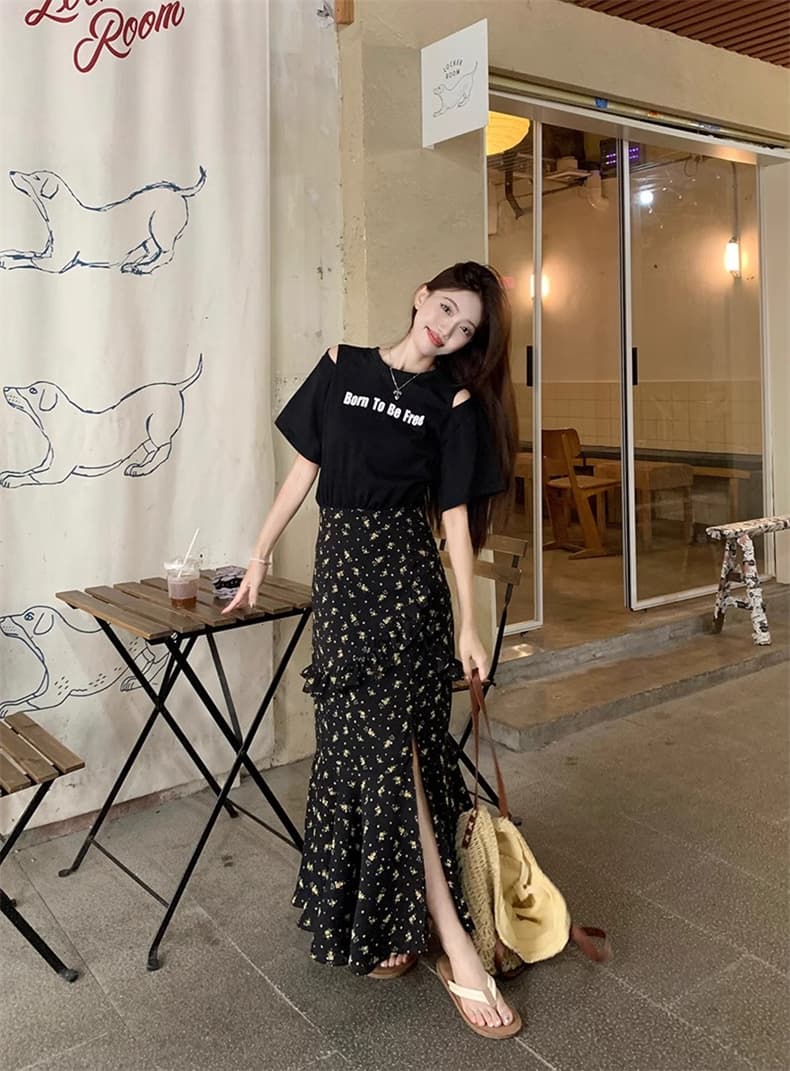 2026 빅 사이즈 지방 mm 여름 밤 꽃말 드레스 페이크 레이어드 트임 슬림해 보이는 허리 수축 긍정적 인 어깨 드레스 상세 이미지 9