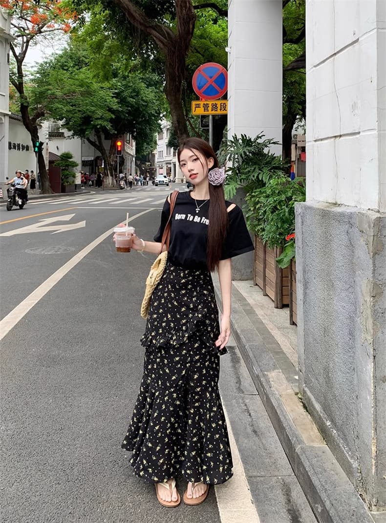 2026 빅 사이즈 지방 mm 여름 밤 꽃말 드레스 페이크 레이어드 트임 슬림해 보이는 허리 수축 긍정적 인 어깨 드레스 상세 이미지 10