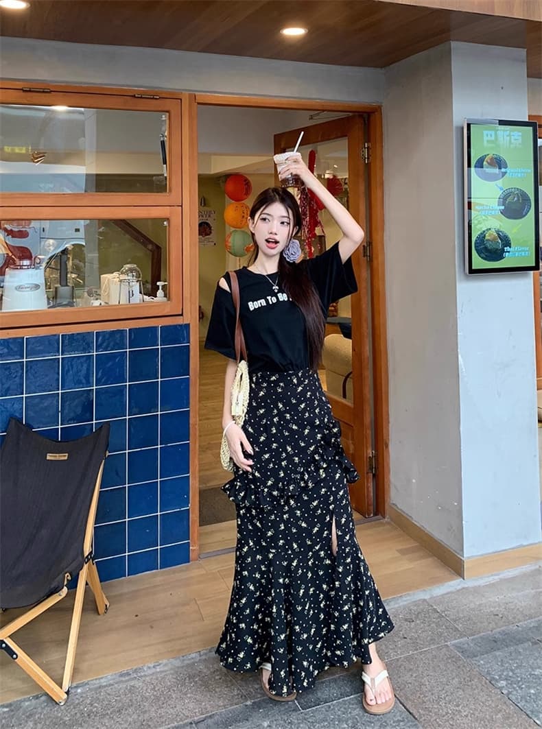 2026 빅 사이즈 지방 mm 여름 밤 꽃말 드레스 페이크 레이어드 트임 슬림해 보이는 허리 수축 긍정적 인 어깨 드레스 상세 이미지 13