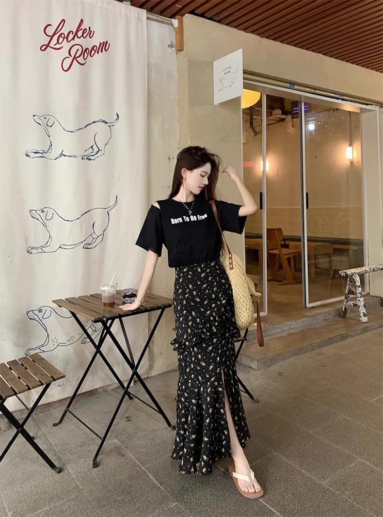 2026 빅 사이즈 지방 mm 여름 밤 꽃말 드레스 페이크 레이어드 트임 슬림해 보이는 허리 수축 긍정적 인 어깨 드레스 상세 이미지 14