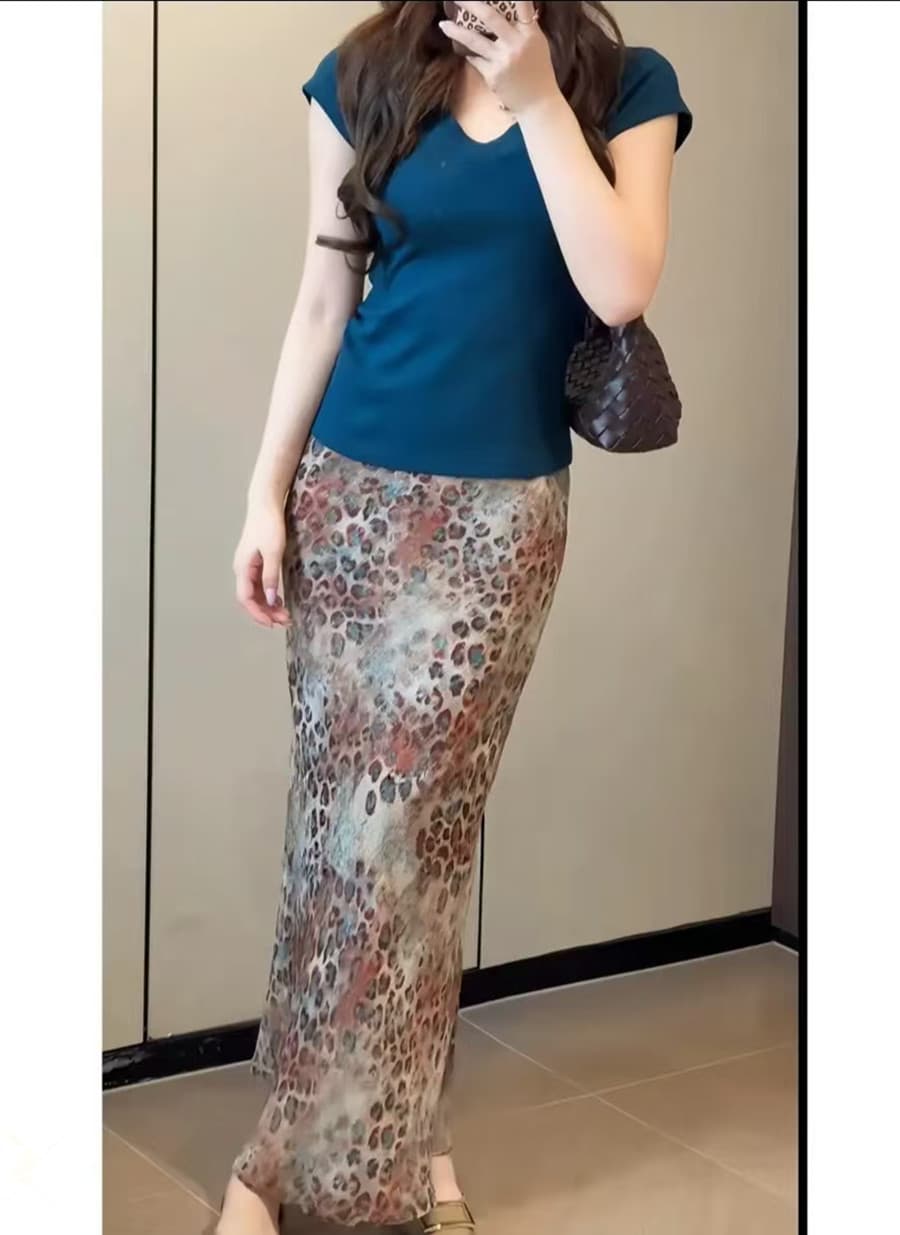 빅 사이즈 지방 mm 한 부서 순수한 욕망 바람 반팔 티셔츠 맨위 레오파드 무늬 반신 스커트 투피스 세트 이미지 4