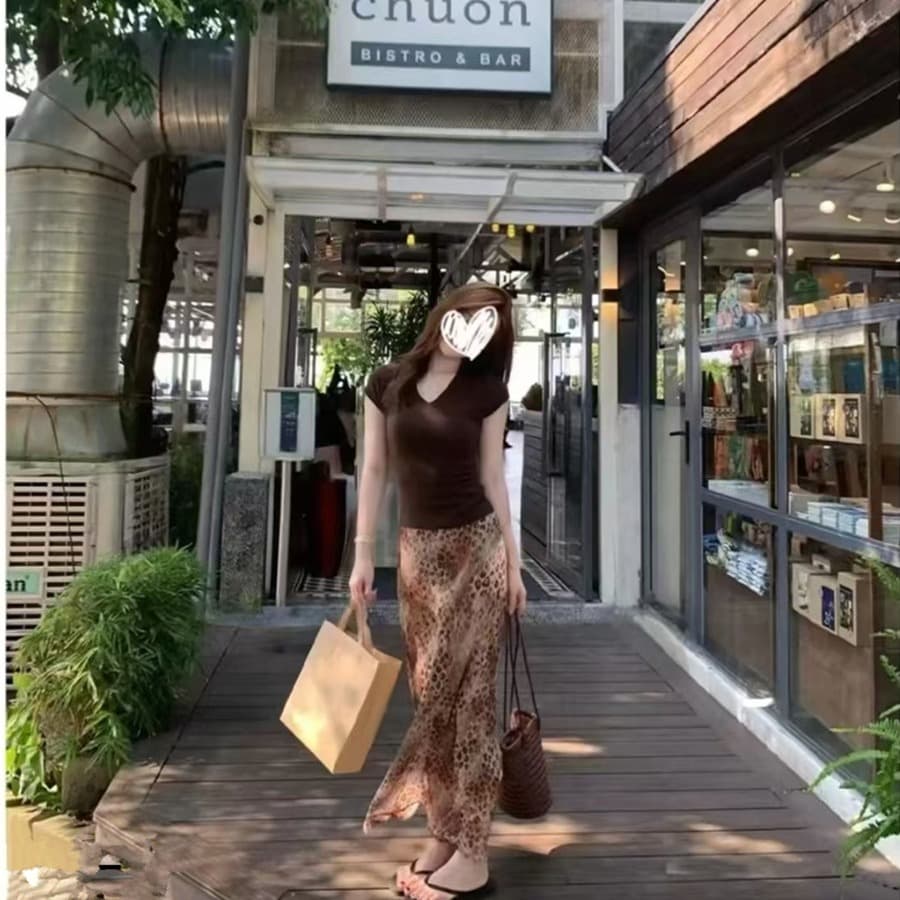 빅 사이즈 지방 mm 한 부서 순수한 욕망 바람 반팔 티셔츠 맨위 레오파드 무늬 반신 스커트 투피스 세트 이미지 5