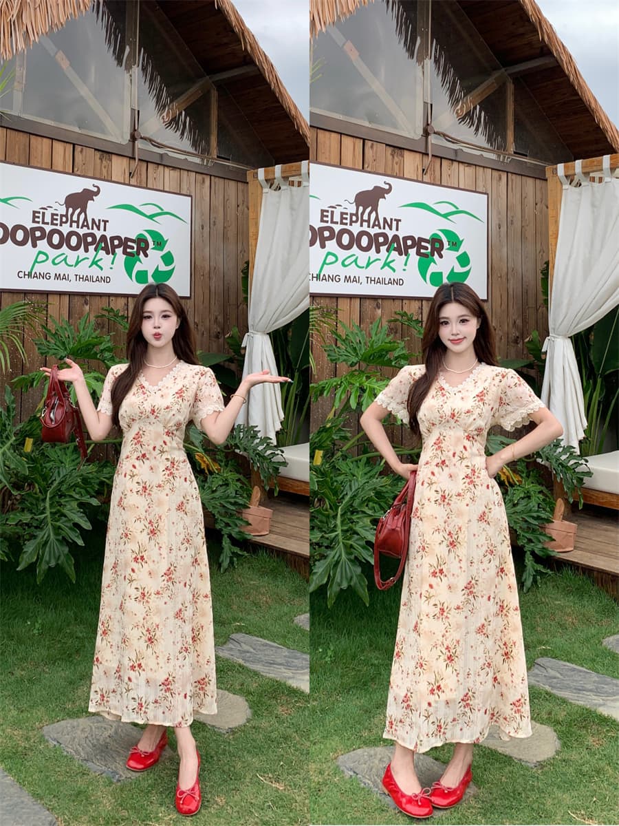 실사 빅 사이즈 여성 의류 여름 새로운 프랑스식 첫사랑 부드러운 작은 대중 슬림해 보이는 품격 꽃무늬 섹션 드레스 상세 이미지 1