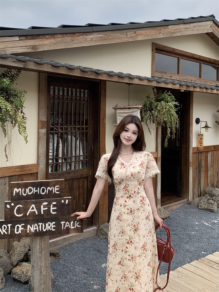 실사 빅 사이즈 여성 의류 여름 새로운 프랑스식 첫사랑 부드러운 작은 대중 슬림해 보이는 품격 꽃무늬 섹션 드레스 상세 이미지 14