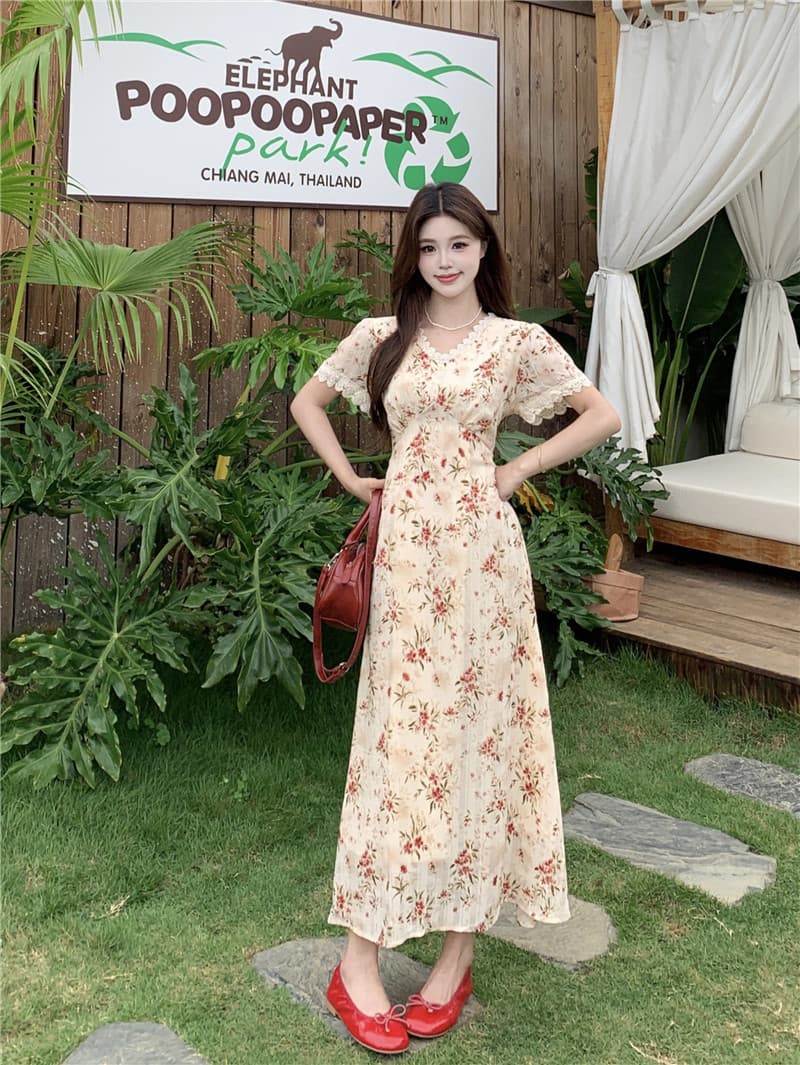 실사 빅 사이즈 여성 의류 여름 새로운 프랑스식 첫사랑 부드러운 작은 대중 슬림해 보이는 품격 꽃무늬 섹션 드레스 이미지 2