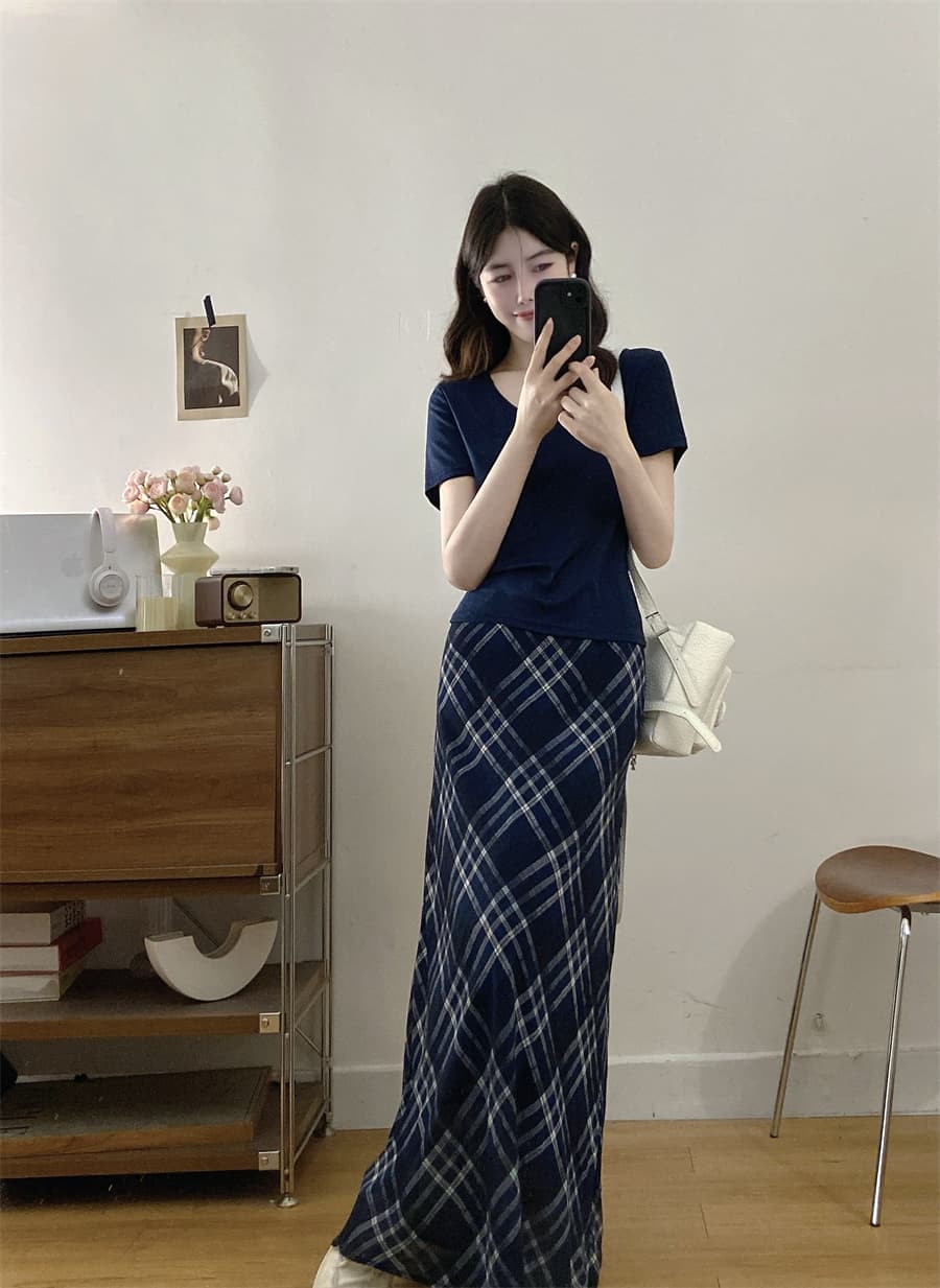 실사 빅 사이즈 지방 mm 고급 센스 레트로 슬림해 보이는 몸매 가꾸기 티셔츠 여성 여름 허리 수축 체크무늬 반신 스커트 투피스 세트 상세 이미지 6