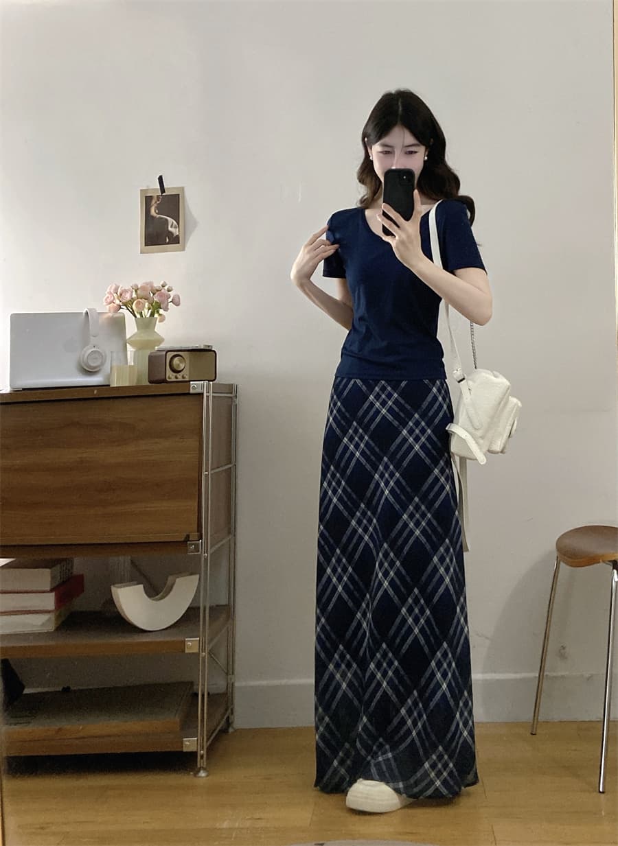 실사 빅 사이즈 지방 mm 고급 센스 레트로 슬림해 보이는 몸매 가꾸기 티셔츠 여성 여름 허리 수축 체크무늬 반신 스커트 투피스 세트 상세 이미지 4