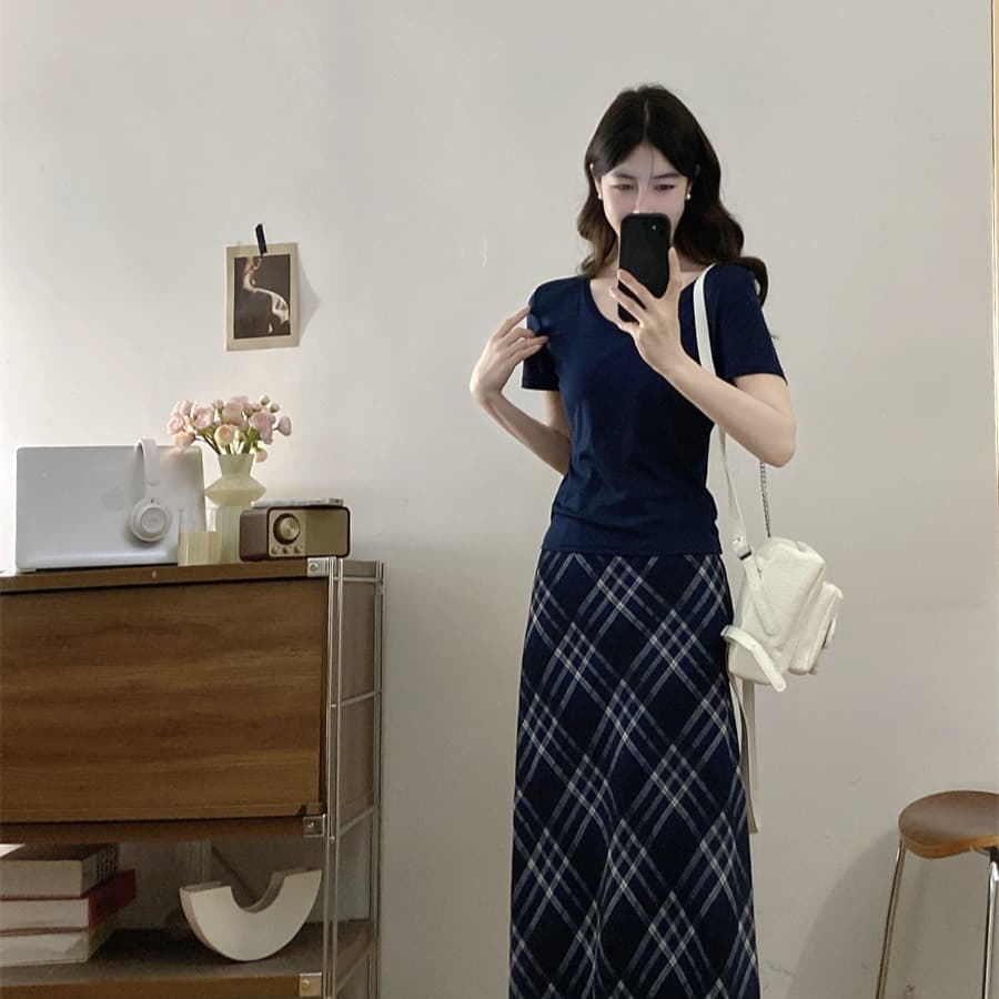 실사 빅 사이즈 지방 mm 고급 센스 레트로 슬림해 보이는 몸매 가꾸기 티셔츠 여성 여름 허리 수축 체크무늬 반신 스커트 투피스 세트 이미지 5