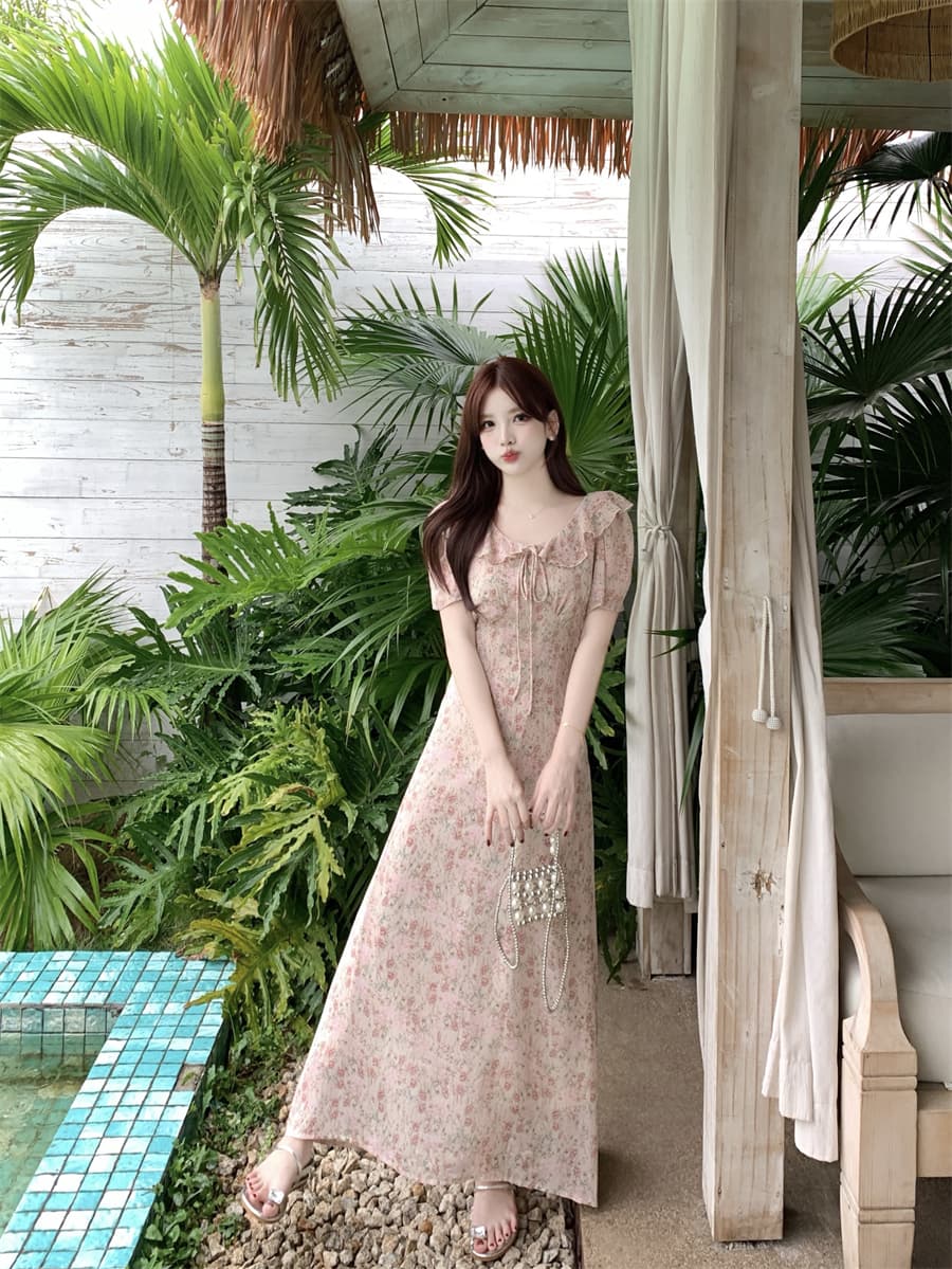 빅 사이즈 여름 새로운 프랑스식 부드러운 바람 한 부서 꽃무늬 허리 수축 슬림해 보이는 중간 길이 드레스 외국 가스 길다 치마 상세 이미지 5