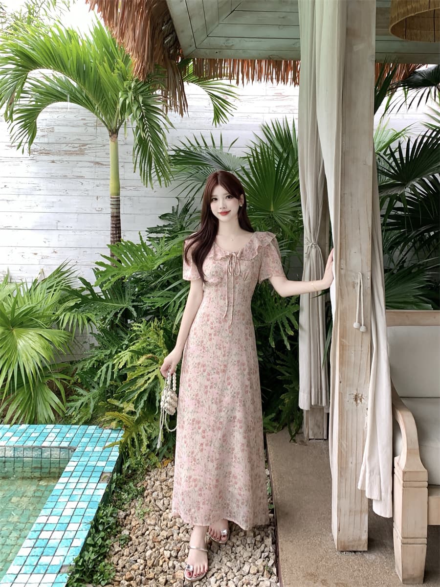 빅 사이즈 여름 새로운 프랑스식 부드러운 바람 한 부서 꽃무늬 허리 수축 슬림해 보이는 중간 길이 드레스 외국 가스 길다 치마 상세 이미지 6