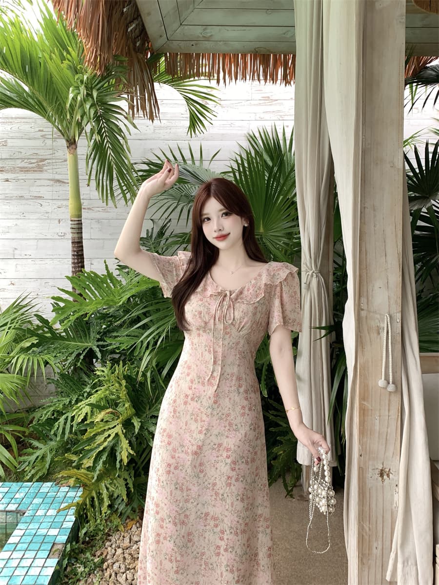 빅 사이즈 여름 새로운 프랑스식 부드러운 바람 한 부서 꽃무늬 허리 수축 슬림해 보이는 중간 길이 드레스 외국 가스 길다 치마 상세 이미지 8