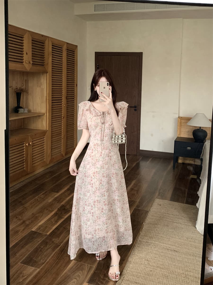 빅 사이즈 여름 새로운 프랑스식 부드러운 바람 한 부서 꽃무늬 허리 수축 슬림해 보이는 중간 길이 드레스 외국 가스 길다 치마 상세 이미지 12