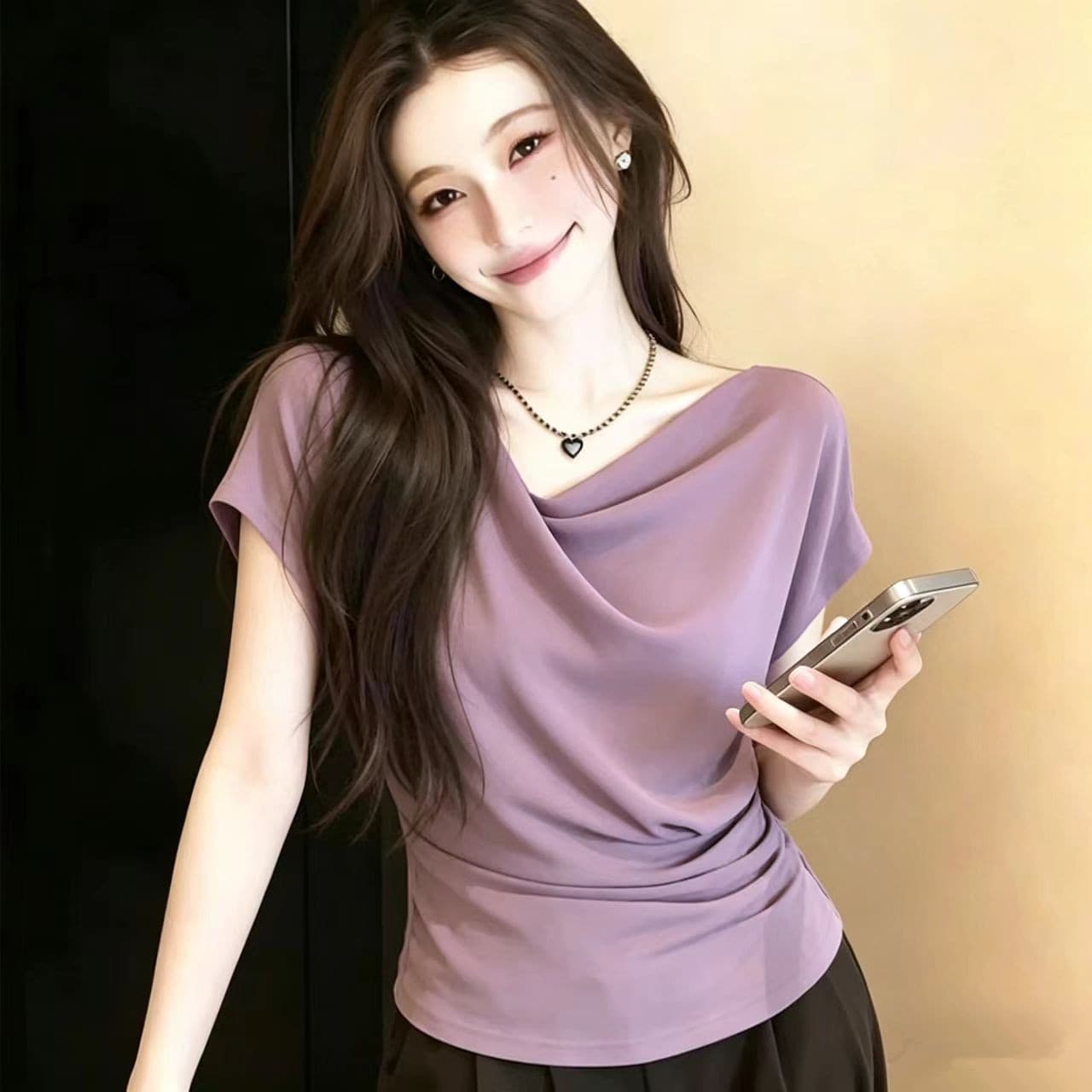 빅 사이즈 지방 mm 디자인 센스 스태킹 박쥐 반팔 티셔츠 여성 여름 순수한 욕망 흔들다 칼라 허리 수축 슬림해 보이는 맨위 이미지 4