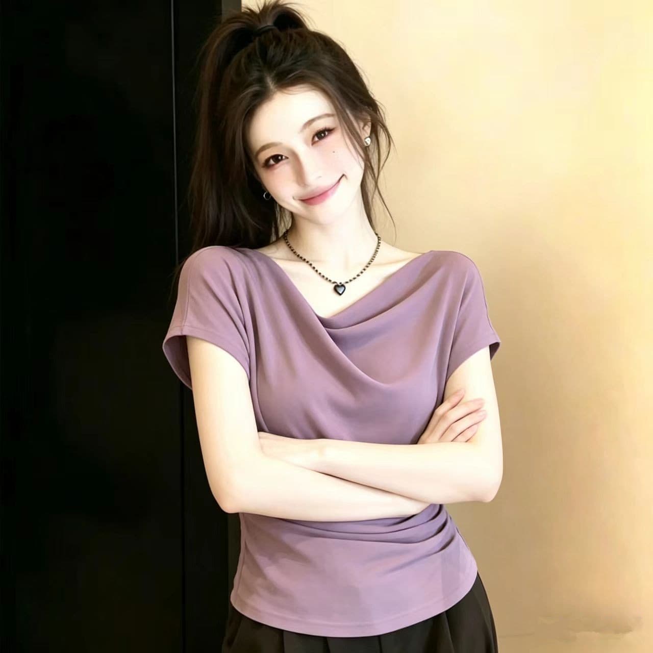 빅 사이즈 지방 mm 디자인 센스 스태킹 박쥐 반팔 티셔츠 여성 여름 순수한 욕망 흔들다 칼라 허리 수축 슬림해 보이는 맨위 상세 이미지 4