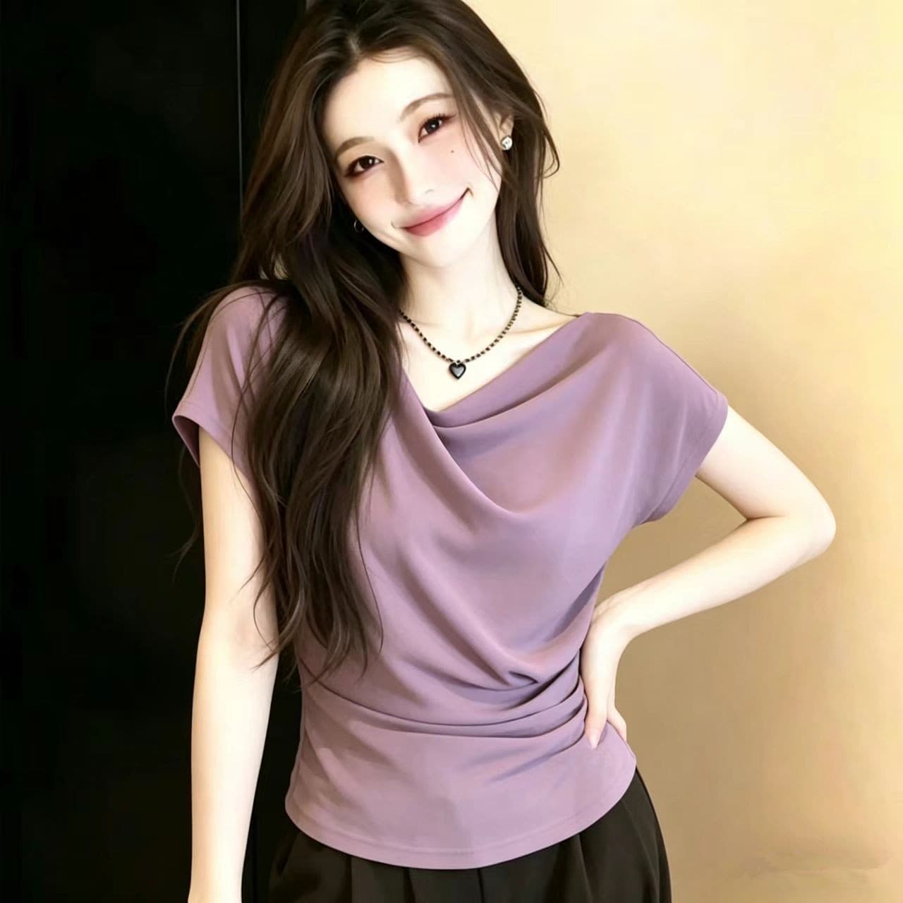 빅 사이즈 지방 mm 디자인 센스 스태킹 박쥐 반팔 티셔츠 여성 여름 순수한 욕망 흔들다 칼라 허리 수축 슬림해 보이는 맨위 상세 이미지 3
