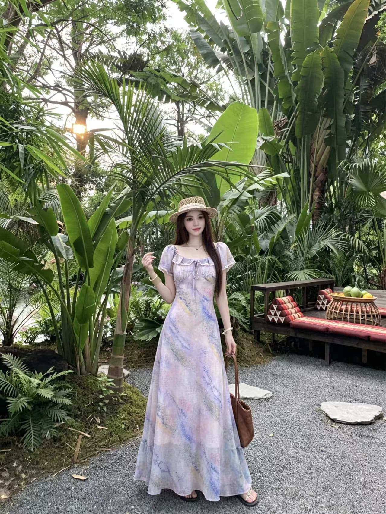 빅 사이즈 둘 착용 오프숄더 프랑스식 낭만주의 바람 헤일로 염색 프린트 드레스 레이스업 허리 수축 슬림해 보이는 부드러운 센스 롱 스커트 이미지 3